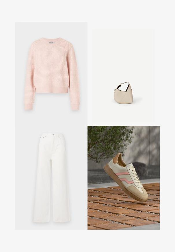 Suéter de punto rosa claro con un patrón texturizado, escote en V y puños y dobladillo acanalados. Diseño corto con un ajuste relajado.; Jeans de mezclilla de cintura alta y pierna ancha en color blanco. Cuenta con bolsillos delanteros, un cierre de botón y detalles de dobladillo deshilachado.; Zapatilla blanca con detalles en rosa y beige, parte superior de cuero, suela de goma texturizada y diseño con cordones, exhibida sobre una superficie de madera.; Bolso de cuero beige en forma de media luna con una sola correa para el hombro y costuras mínimas, colocado sobre un fondo blanco liso.
