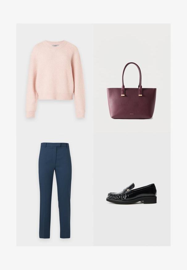 Suéter de punto rosa claro con un patrón texturizado, escote en V y puños y dobladillo acanalados. Diseño corto con un ajuste relajado.; Pantalones de vestir ajustados azul marino con trabillas para cinturón, cremallera frontal y corte recto sobre un fondo blanco liso.; Mocasines de charol negro con un borde decorativo recogido, suela de goma plana y un pequeño logotipo metálico como acento en la correa.; Bolso tote de cuero morado oscuro con dos asas y pequeño logo de marca dorado en el frente, sobre un fondo claro y liso.