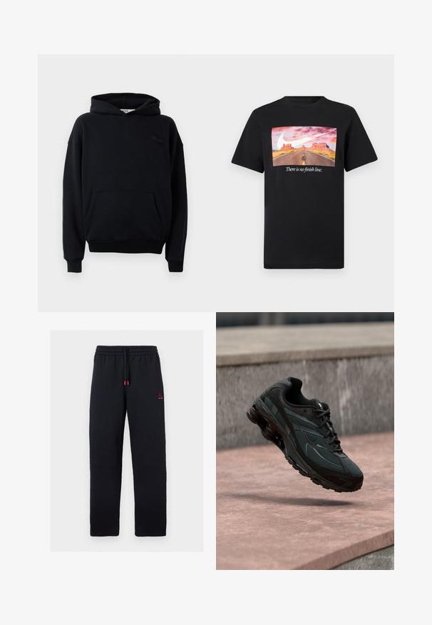 Μαύρη βαμβακερή hoodie με τσέπη καγκουρό, κουκούλα με κορδόνια και ριμπ μανσέτες. Διαθέτει διακριτική εκτύπωση στο στήθος. Μαλακή υφή.; Μαύρο κοντομάνικο t-shirt με στάμπα δρόμου στην έρημο, μεγάλο λευκό λογότυπο Nike και τη φράση «Δεν υπάρχει τελική γραμμή.»; Μαύρη φόρμα με ελαστική μέση και κορδόνι, μικρό κόκκινο λογότυπο Jumpman με κείμενο "AIR" στο αριστερό μηρό.; Μαύρο αθλητικό παπούτσι με ορατή μεσαία σόλα αέρα που αιωρείται πάνω από μια ροζ πέτρινη επιφάνεια με φόντο ένα γκρι πέτρινο τοίχο.