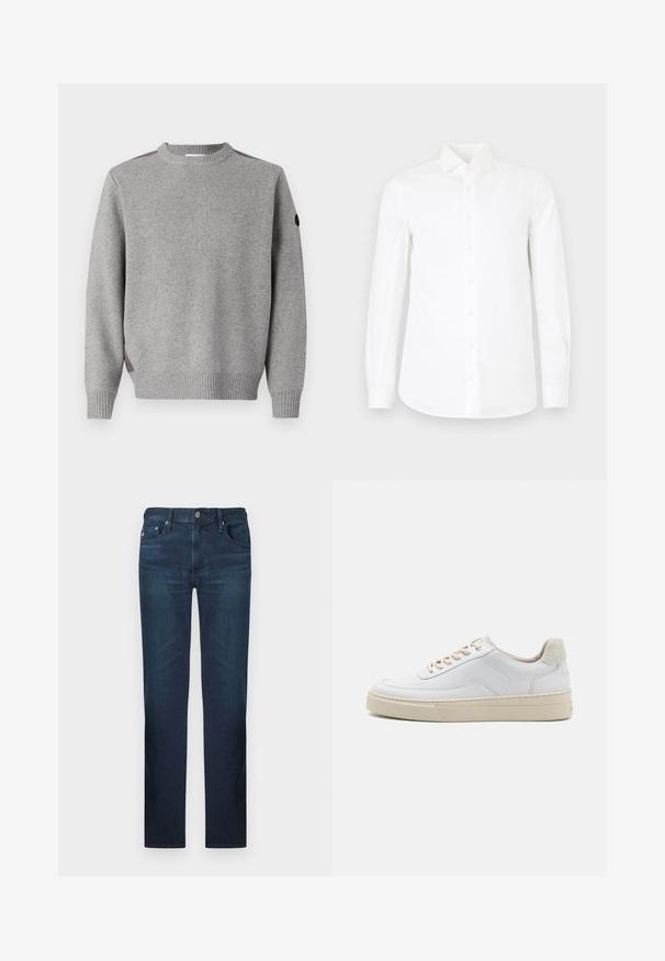 Suéter de punto gris con textura acanalada, cuello redondo y acentos contrastantes en los hombros. Las mangas también son acanaladas.; Camisa blanca de manga larga con botones, hecha de algodón suave. Presenta un collar puntiagudo, cierre frontal de botones completo y cintura ligeramente ajustada.; Jeans de mezclilla azul oscuro con un diseño de pierna recta, que cuentan con un clásico diseño de cinco bolsillos y cierre de botón de metal. Textura suave.; Zapatilla blanca con parte superior de cuero suave, cordones beige y un tirador de talón de ante beige texturizado. Suela elevada para mayor altura.