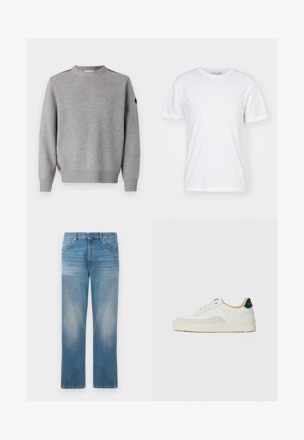Suéter de punto gris con textura acanalada, cuello redondo y acentos contrastantes en los hombros. Las mangas también son acanaladas.; Camiseta de algodón blanca con escote redondo, mangas cortas y corte recto. Sin patrones ni adornos, textura suave y diseño sencillo.; Jeans de mezclilla azul de pierna recta con parches descoloridos en los muslos y las rodillas, que presentan un clásico diseño de cinco bolsillos y cierre de botón.; Zapatilla blanca con acentos de ante, puntera redondeada, cordones planos y suela de goma color crema. Presenta un logo verde en el talón.
