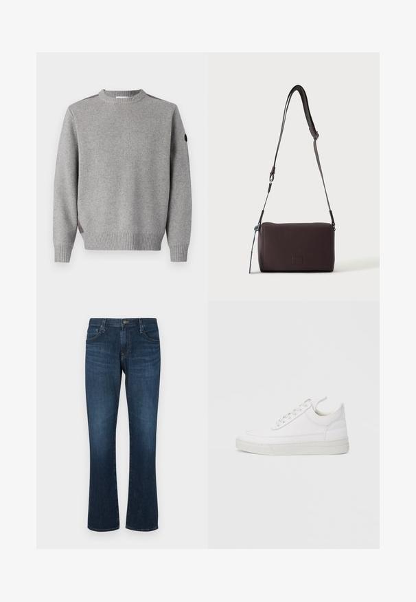 Grijze gebreide trui met een geribbeld patroon, ronde hals en contrasterende accenten op de schouders. De mouwen zijn ook geribbeld.; Donkerblauwe denim jeans met een rechte pijp, vijf zakken en een metalen knoopsluiting. Glad materiaal met subtiele vervaging.; Witte leren sneaker met een afgeronde neus, platte zool en veters aan de voorkant. Voorzien van stikseldetails en een gevoerde kraag voor comfort.; Donkerbruine gestructureerde leren crossbodytas met verstelbare riem en klein decoratief blauw accent aan de zijkant.
