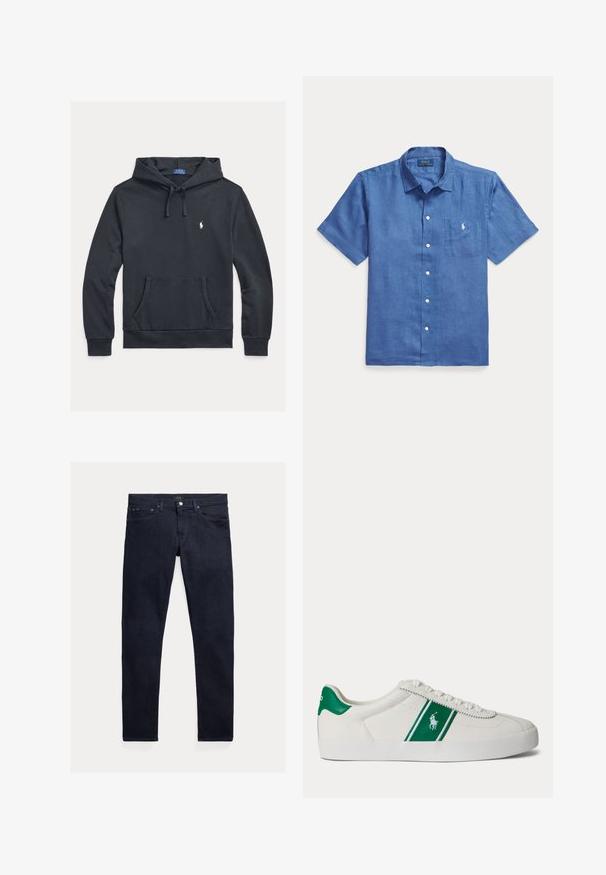 Marineblauwe katoenen hoodie met een zak aan de voorkant, verstelbare trekkoorden, geribbelde manchetten en een klein wit logo op de borst.; Blauw overhemd met korte mouwen, knoopsluiting, kraag en een borstzakje met een klein wit geborduurd logo.; Donkerblauwe spijkerbroek met een slanke pasvorm. Voorzien van vijf zakken, een ritssluiting en een metalen knoopsluiting. Soepele textuur met minimale vervaging.; Witte lage sneaker met groene streep en Polo-logo aan de zijkant, groene hieltab en witte veters, vanaf de linkerkant getoond op een effen achtergrond.