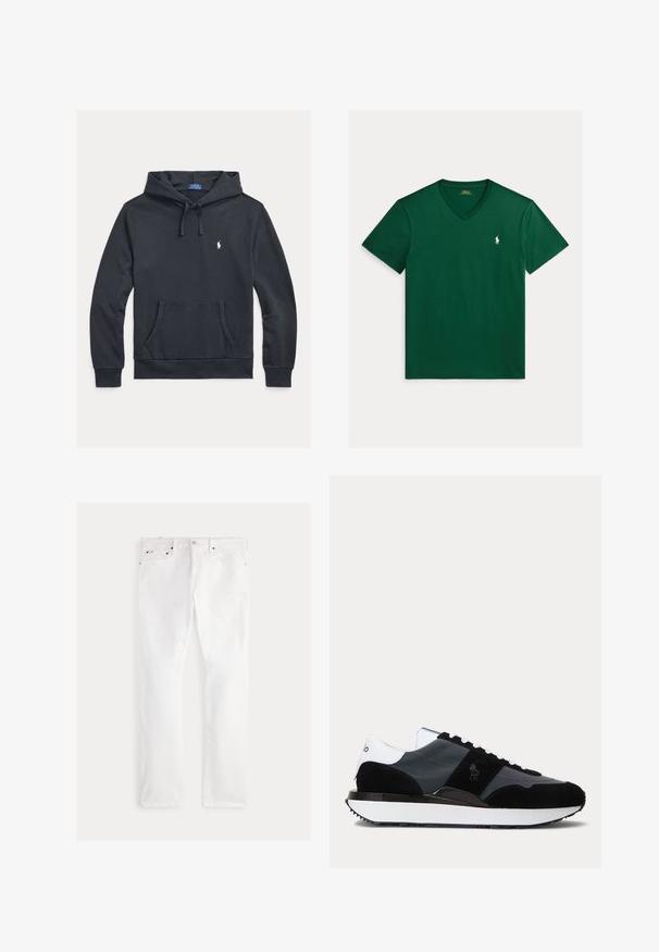 Marineblauwe katoenen hoodie met een zak aan de voorkant, verstelbare trekkoorden, geribbelde manchetten en een klein wit logo op de borst.; Donkergroene T-shirt met V-hals en korte mouwen, met klein wit Polo Ralph Lauren-logo geborduurd op de linkerborst.; Witte denim jeans met een rechte pijp, voorzien van vijf zakken, koperen details en subtiele stikselaccenten. Gladde textuur met een nette afwerking.; Zwart-witte lage sneaker met suède en leren panelen, witte veters en een dikke witte zool met zwarte rand.