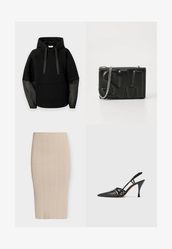 Sudadera con capucha negra con bolsillo delantero, con cordones de satén y mangas transparentes con estampado. Tejido suave y ajuste relajado.; Falda lápiz de punto acanalado beige con cintura alta y bajo a la altura de la rodilla.; Zapato de tacón alto de charol negro con punta afilada, diseño de tiras entrecruzadas y tacón de aguja delgado. Textura suave y acentos mínimos.; Bolso cruzado de cuero negro con letras grandes en relieve "S" y "M" y una correa de cadena plateada sobre un fondo blanco.