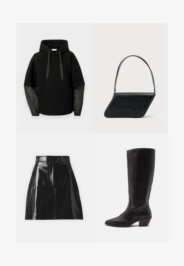 Sudadera con capucha negra con bolsillo delantero, con cordones de satén y mangas transparentes con estampado. Tejido suave y ajuste relajado.; Mini falda de piel sintética negra con un acabado brillante, que presenta una cinturilla estructurada, un bolsillo frontal y un sutil detalle de logo.; Bota de cuero negra hasta la mitad de la pantorrilla con puntera puntiaguda y tacón bajo inclinado sobre un fondo claro y liso.; Bolso de hombro de cuero negro con forma triangular, logo en relieve y una sola correa ajustable. Diseño minimalista con textura suave.