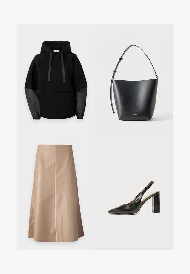 Zwarte hoodie met een voorzak, voorzien van satijnen koordjes en doorschijnende, patroonmouwen. Zachte stof met een ontspannen pasvorm.; Beige faux leren A-lijn rok met subtiele paneeldetails en een matte afwerking, knie-lengte en hoge taille.; Zwarte leren slingback schoen met spits toelopend neusje, hoge blokhak en beige binnenvoering tegen een effen lichte achtergrond.; Zwarte leren handtas in emmerstijl met verstelbare schouderriem en klein gouden Calvin Klein-logo aan de voorkant.
