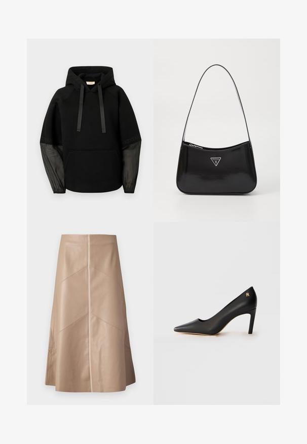 Sudadera con capucha negra con bolsillo delantero, con cordones de satén y mangas transparentes con estampado. Tejido suave y ajuste relajado.; Falda A-line de cuero sintético beige con sutiles detalles en panel y un acabado mate suave, de largo hasta la rodilla y de cintura alta.; Zapato de tacón alto negro de piel con punta afilada y tacón stiletto de altura media, y pequeño emblema dorado cerca del tacón, sobre fondo blanco.; Bolso de hombro de charol negro con forma curva, que presenta un logotipo triangular plateado y un cierre de cremallera. Textura suave y correa delgada.