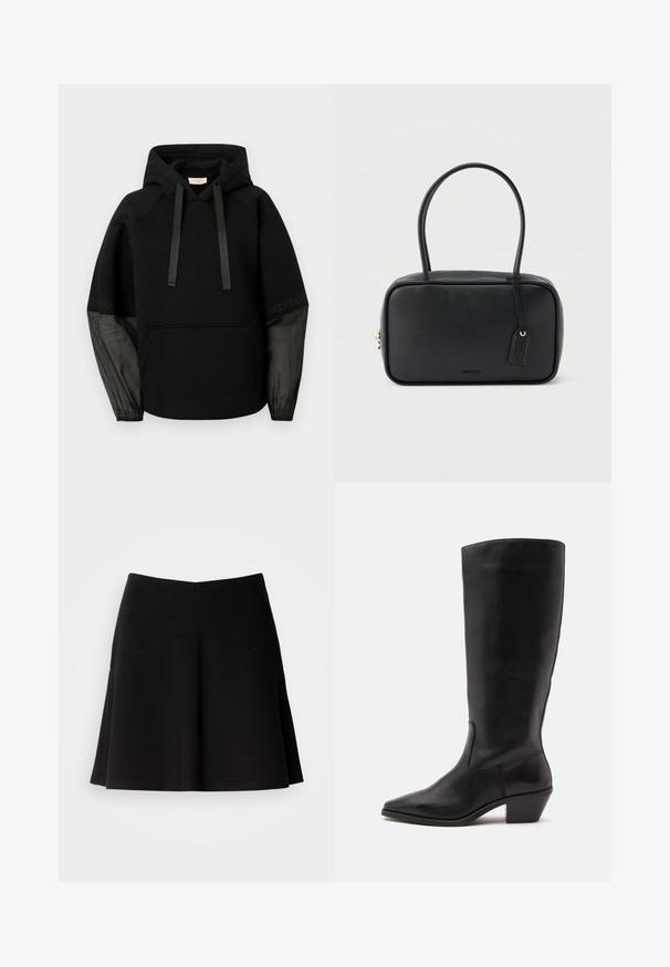 Sudadera con capucha negra con bolsillo delantero, con cordones de satén y mangas transparentes con estampado. Tejido suave y ajuste relajado.; Falda negra acampanada hecha de una tela suave, con una cinturilla ajustada y detalles en las costuras. Textura suave con un diseño simple y clásico.; Bota de cuero negra hasta la mitad de la pantorrilla con puntera puntiaguda y tacón bajo inclinado sobre un fondo claro y liso.; Bolso rectangular negro con asas dobles redondeadas, cremallera dorada y logo "HUGO" en relieve en el frente con etiqueta de cuero adjunta.