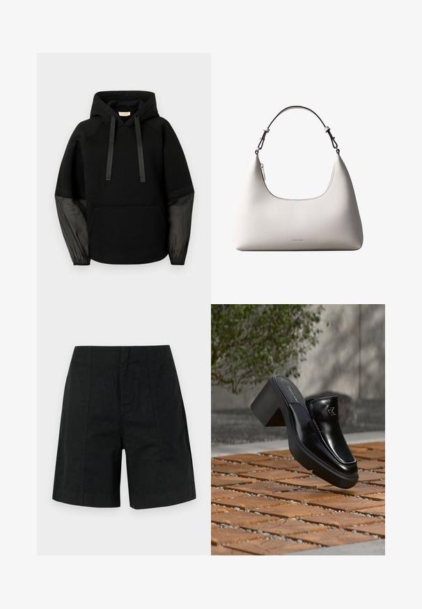 Sweat à capuche noir avec poche avant, doté de cordons en ruban satinés et de manches transparentes à motifs. Tissu doux avec une coupe décontractée.; Shorts noirs ajustés en tissu léger, dotés d'un design structuré avec des rayures verticales et un ourlet droit. Aucune poche visible.; Mule slip-on en cuir noir Calvin Klein avec talon bloc reposant sur des carreaux en bois à l'extérieur près d'une plante verte et d'un mur gris.; Sac à bandoulière en cuir couleur crème de Calvin Klein avec bord supérieur incurvé, fermeture éclair argentée et sangle ajustable brun foncé.