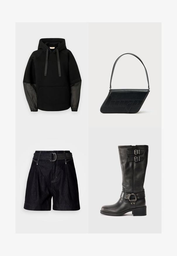 Sweat à capuche noir avec poche avant, doté de cordons en ruban satinés et de manches transparentes à motifs. Tissu doux avec une coupe décontractée.; Shorts en denim noir avec une large ceinture et une boucle argentée. Caractéristiques : plis à l'avant, surpiqûres contrastantes, et coupe décontractée.; Boot en cuir noir mi-mollet avec deux boucles en argent près du haut et une sangle décorative avec un anneau en métal autour de la cheville, talon carré.; Sac d'épaule en cuir noir de forme triangulaire, avec un logo embossé et une seule bandoulière réglable. Design minimaliste avec une texture lisse.