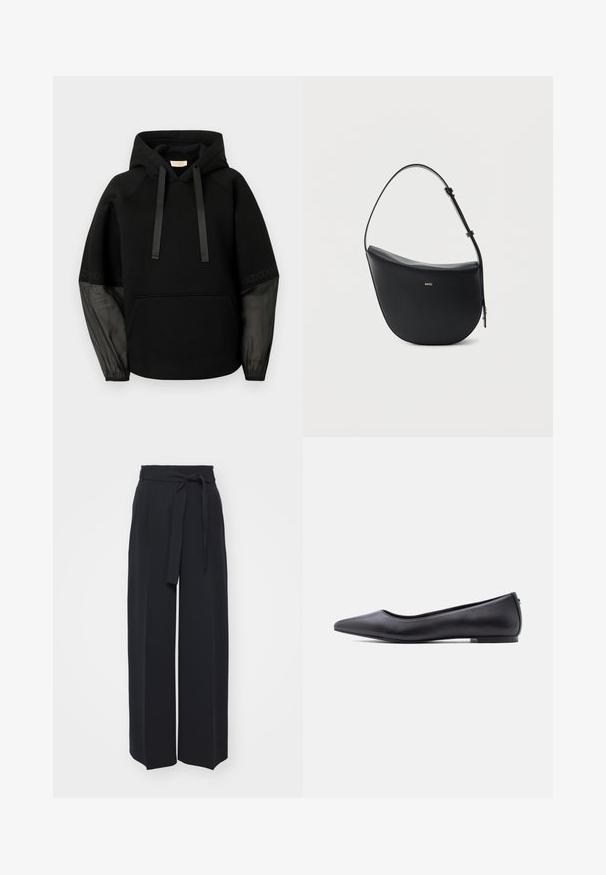 Sudadera con capucha negra con bolsillo delantero, con cordones de satén y mangas transparentes con estampado. Tejido suave y ajuste relajado.; Pantalones negros de pierna ancha hechos de una tela suave. Presentan una cintura con cinturón y pliegues en la parte delantera. Textura suave con un diseño limpio y contemporáneo.; Zapato plano de cuero negro con punta puntiaguda y tacón bajo, mostrado de perfil contra un fondo blanco.; Bolso de hombro de cuero negro en forma de media luna, con correa ajustable y logo dorado "BOSS" centrado en el frente.