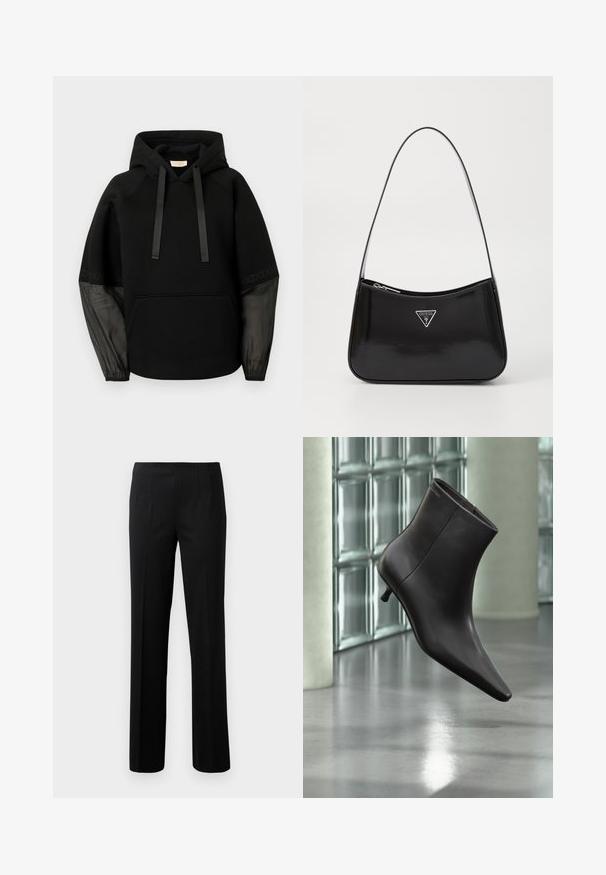 Sweat à capuche noir avec poche avant, doté de cordons en ruban satinés et de manches transparentes à motifs. Tissu doux avec une coupe décontractée.; Pantalons noirs ajustés avec des rayures verticales, devant plat, deux poches latérales et une coupe droite. Fabriqués dans un tissu lisse.; Bottine en cuir noir avec bout pointu et petit talon, présentée devant un mur en blocs de verre et un sol poli.; Sac à épaule en cuir verni noir avec une forme incurvée, présentant un logo triangle en argent et une fermeture éclair. Texture lisse et bandoulière fine.