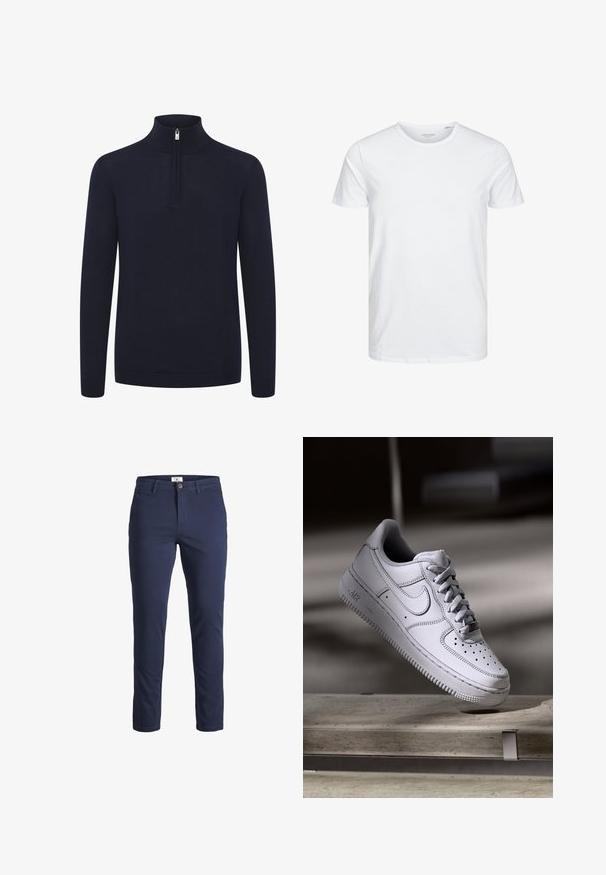 Sweat-shirt zippé bleu marine avec un col montant et des manches longues. Fabriqué à partir d'un tissu doux et texturé avec des poignets et un ourlet côtelés.; T-shirt à col rond à manches courtes de couleur blanche unie, fabriqué en coton doux, avec un design simple sans motifs ni accents visibles.; Pantalons en coton bleu marine à coupe slim, avec une fermeture à bouton, des passants de ceinture et deux poches avant. Texture lisse, détails minimaux.; La basket Nike Air Force 1 en cuir blanc présente un embout perforé, des lacets plats et une semelle en caoutchouc texturée avec le logo « AIR » sur le côté.