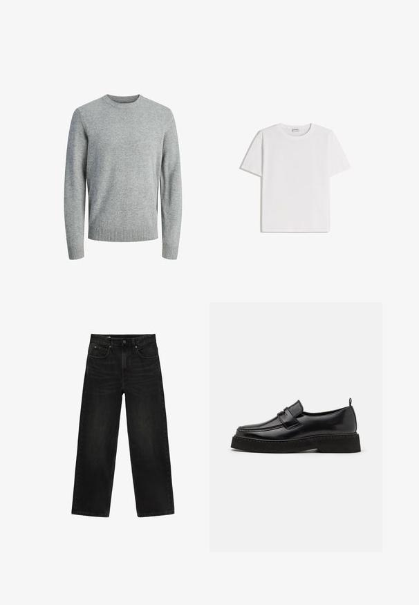 Pull en tricot gris avec un col rond, des manches longues, des poignets et un ourlet côtelés. Texture lisse avec un motif uni, adapté à un style décontracté.; T-shirt en coton blanc avec un col rond et des manches courtes. Présente une coupe classique et carrée, sans motifs ni accents visibles.; Jean noir droit avec poches avant, passants de ceinture et fermeture à bouton, présenté à plat sur fond blanc.; Chaussures en cuir noir de style mocassin avec une semelle plate et texturée, présentant un bout piqué et une sangle traversant le cou-de-pied.