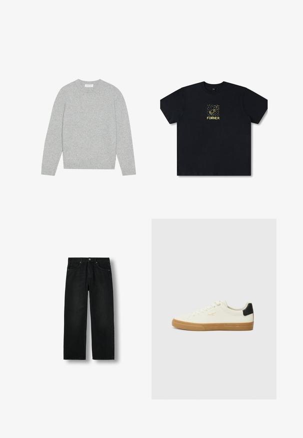 Pull en laine gris clair avec un col rond, des manches longues et des poignets et ourlet côtelés. Texture douce avec un design solide et minimal.; T-shirt en coton noir avec un design graphique doré représentant une fusée et des étoiles. Manches courtes, col rond, coupe décontractée et tissu durable.; Jean denim noir à coupe droite avec cinq poches, fermeture par bouton et passants pour ceinture, présenté à plat sur un fond blanc.; Sneaker en toile blanche avec une semelle en gomme, accent au talon noir, bout rond et design à lacets. Présente le logo de la marque en doré sur le côté.