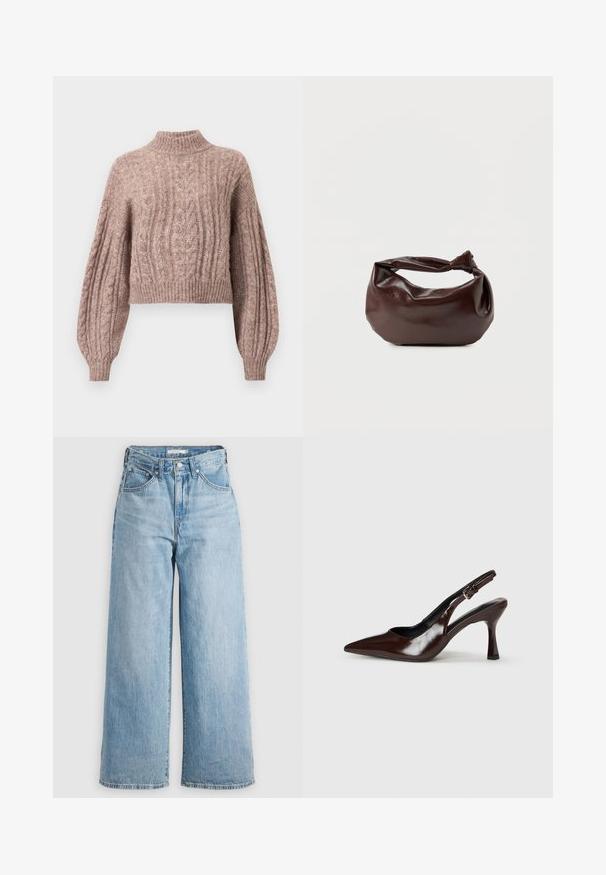 Suéter corto de punto trenzado en suave tono rosa, con un cuello alto y mangas voluminosas con puños y dobladillos acanalados.; Vaqueros de pierna ancha de color azul claro con una cintura alta, confeccionados en tejido de denimbre. Presentan un diseño clásico de cinco bolsillos y herrajes metálicos.; Zapatos de tacón slingback de charol marrón con punta afilada, tacón delgado y correa ajustable con una pequeña hebilla.; Bolso de hombro de cuero marrón oscuro con una forma suave y caída, y un asa con nudo torcido sobre un fondo blanco liso.