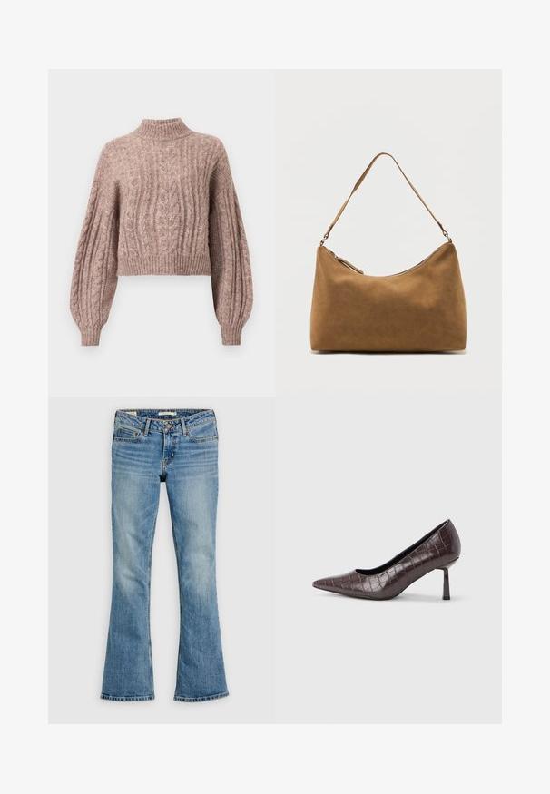 Cable-strikket kort sweater i blød lyserød nuance med høj hals og voluminøse ærmer med ribbede manchetter og kant.; Lyseblå denimjeans med falmet vask, frontknap og lynlås, fem-lomme design og let udvidede ben.; Brune kunstlæder stiletter med spidse tæer og krokodilletekstur, der har en slank, vinklet hæl og en glat inderside.; Brun skuldertaske i ruskind med enkelt rem og lynlås øverst, vist mod en ensfarvet hvid baggrund.