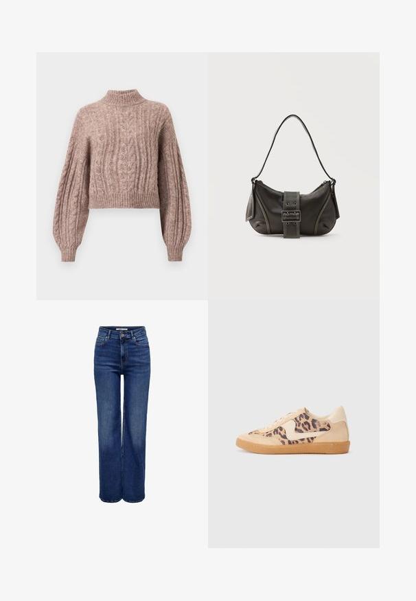 Cable-strikket kort sweater i blød lyserød nuance med høj hals og voluminøse ærmer med ribbede manchetter og kant.; Jeans med høj talje og vide ben i mørkeblå denim, med knaplukning, fem lommer og kontrastsyninger.; Leopardprint sneakers med beige ruskindsoverdel, tan gummisål og hvide detaljer. Rund pegefinger og snørebåndsdesign med en tekstureret finish.; Sort læder skuldertaske med spænde på remmen, afrundede kanter og kontrasterende hvide syninger på en ensfarvet baggrund.