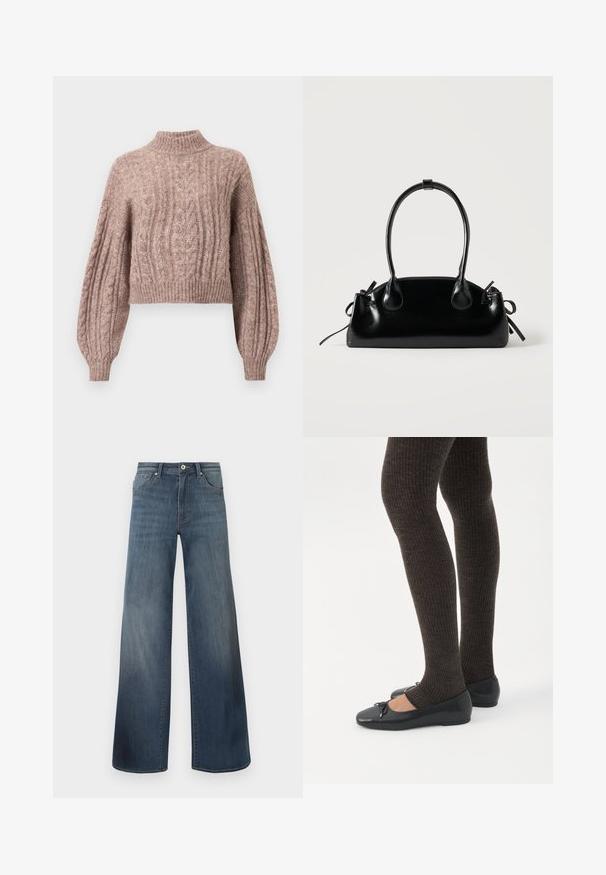Cable-strikket kort sweater i blød lyserød nuance med høj hals og voluminøse ærmer med ribbede manchetter og kant.; Bredde denim jeans i mørkeblå, med en slidteknik, knaplukning og fem-lomme stil. Glat tekstur, minimal syning detaljer.; Ben iført mørke ribbede leggings kombineret med sorte balletsko med små sløjfedetaljer på hvid baggrund.; Lille sort blank håndtaske med to lange håndtag og snøre-detaljer i siden på en ensfarvet lys baggrund.