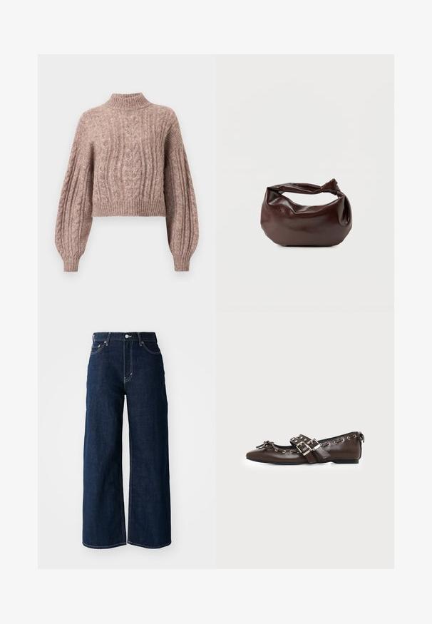 Pull en maille cable de couleur rose doux, doté d'un col montant et de manches volumineuses avec des poignets et un ourlet côtelés.; Jeans en denim bleu foncé à jambes larges avec des coutures contrastées, un design à cinq poches et une fermeture à bouton à la taille.; Chaussure plate en cuir marron foncé avec bout pointu, doubles brides à boucles argentées, œillets métalliques et nœud décoratif à l'avant.; Sac bandoulière en cuir marron foncé avec une forme souple et décontractée et une anse nouée torsadée sur un fond blanc uni.