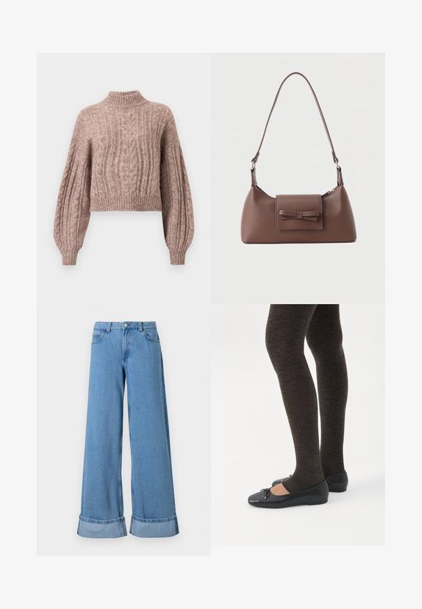 Pull en maille cable de couleur rose doux, doté d'un col montant et de manches volumineuses avec des poignets et un ourlet côtelés.; Jean en denim bleu clair à jambes larges avec une taille haute, des poignets roulés, un design à cinq poches et une fermeture à bouton avec un zip.; Jambes portant des leggings côtelés foncés associés à des ballerines noires avec de petits détails en nœud sur fond blanc.; Sac à bandoulière en cuir marron avec une poche à rabat avant ornée d'un détail en forme de nœud cousu et une sangle réglable.