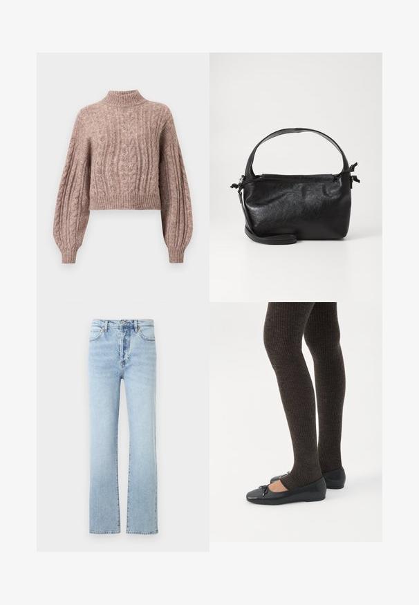 Pull en maille cable de couleur rose doux, doté d'un col montant et de manches volumineuses avec des poignets et un ourlet côtelés.; Jean en denim bleu clair avec une coupe droite, dotés d'une taille haute, d'un style classique à cinq poches et d'un léger effet délavé.; Jambes portant des leggings côtelés foncés associés à des ballerines noires avec de petits détails en nœud sur fond blanc.; Sac à main en cuir noir au design structuré, avec une poignée arrondie et une bandoulière amovible. Présente une texture lisse et un éclat subtil.