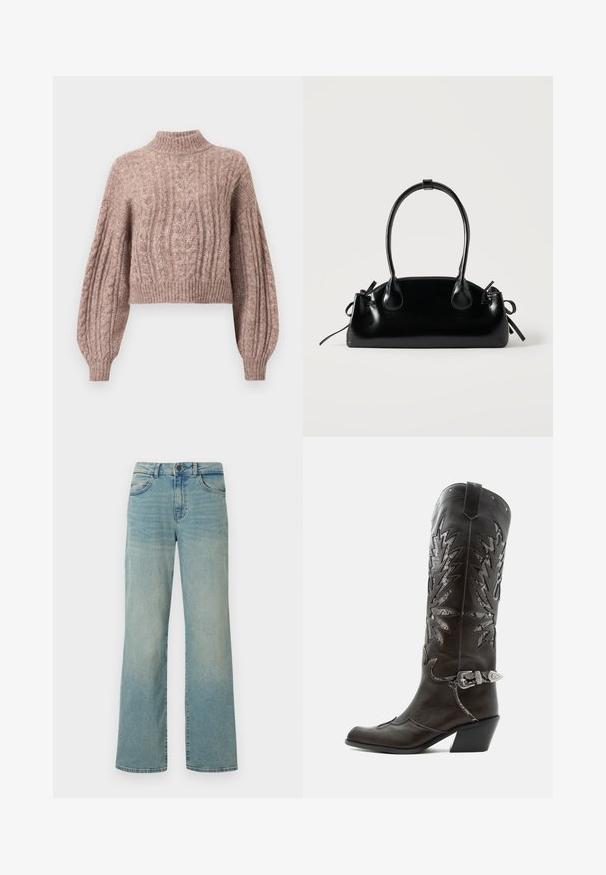 Cable-strikket kort sweater i blød lyserød nuance med høj hals og voluminøse ærmer med ribbede manchetter og kant.; Lyseblå denimjeans med høj talje, brede ben og klassisk fem-lomme design. Har subtil falming og knaplukning.; Sort læder cowboystøvle med dekorative udskæringer, sølvspænde og skrå hæl, vist på hvid baggrund.; Lille sort blank håndtaske med to lange håndtag og snøre-detaljer i siden på en ensfarvet lys baggrund.