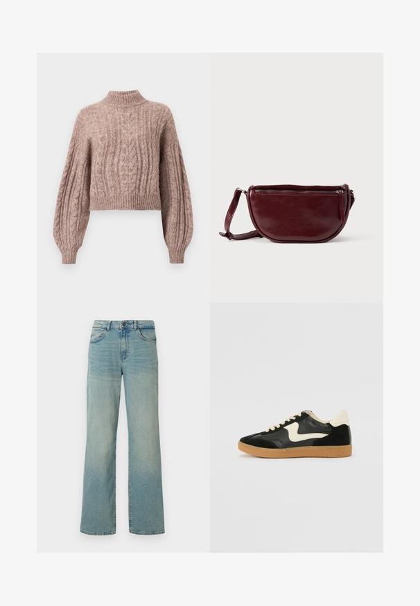 Cable-strikket kort sweater i blød lyserød nuance med høj hals og voluminøse ærmer med ribbede manchetter og kant.; Lyseblå denimjeans med høj talje, brede ben og klassisk fem-lomme design. Har subtil falming og knaplukning.; Sorte ruskinds- og lædersneakers med en cremefarvet side-swoosh og lys cremefarvet hæl. Har beige snørebånd og en gummirubber-sål.; Vinrød læderhåndtaske med halvmåneform, lynlås og aftagelig rem. Glat tekstur med en subtil glans.