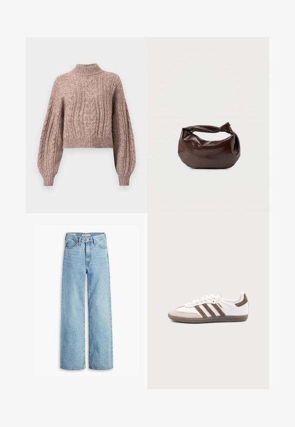 Pull en maille cable de couleur rose doux, doté d'un col montant et de manches volumineuses avec des poignets et un ourlet côtelés.; Jean large taille haute en denim bleu clair avec fermeture à bouton et zip à l'avant, passants de ceinture et cinq poches.; Baskets Adidas Samba blanches avec des bandes en daim marron, semelle en caoutchouc marron et bout en daim beige, vues du côté extérieur sur un fond uni.; Sac bandoulière en cuir marron foncé avec une forme souple et décontractée et une anse nouée torsadée sur un fond blanc uni.