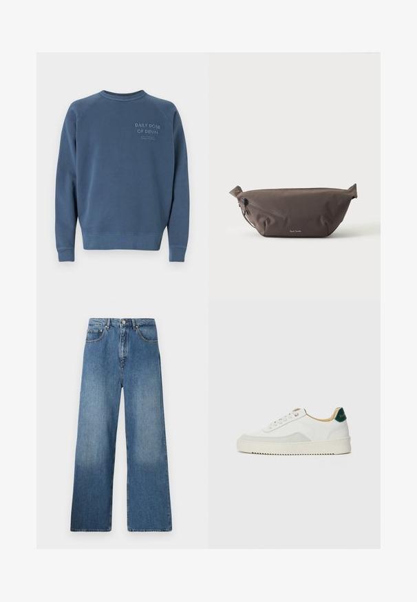 Blaues Rundhals-Sweatshirt aus Baumwollmischgewebe. Mit gerippten Ärmelbündchen und Saum, sowie gesticktem Text auf der Brust. Einfaches Design.; Breite blaue Denim-Jeans mit klassischem Fünf-Taschen-Design, Knopfverschluss vorne und leichtem Verblassen für Textur.; Weiße Sneaker mit Wildlederelementen, runder Zehenpartie, flachen Schnürsenkeln und einer cremefarbenen Gummisohle. Mit grünen Markenlogo am Fersenbereich.; Dunkelbraune Stoff-Gürteltasche mit diagonalem Reißverschlussfach und kleinem weißen Logo vorne, vor einem einfarbigen hellen Hintergrund.