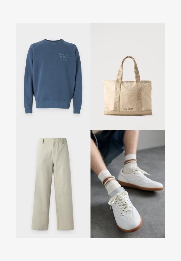 Blaues Rundhals-Sweatshirt aus Baumwollmischgewebe. Mit gerippten Ärmelbündchen und Saum, sowie gesticktem Text auf der Brust. Einfaches Design.; Han Kjøbenhavn WIDE LEG - Stoffhose - light grey; Weiße Ledersneaker mit glatter Textur, grauen Wildlederelementen, beigen Gummisohlen und flachen Schnürsenkeln. Kombiniert mit cremefarbenen und braun gestreiften Socken.; Beige Leinwand-Tragetasche mit zwei Griffen und Vordertasche, "LES DEUX" auf der Tasche bestickt.