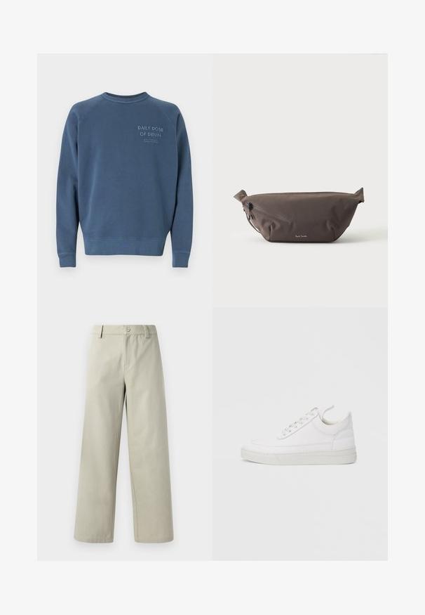 Blå crewneck sweatshirt lavet af en bomuldsblandingsstof. Har ribstrikkede manchetter og kant, med broderet tekst på brystet. Simpelt design.; Han Kjøbenhavn WIDE LEG - Bukser - light grey; Hvid lædersneaker med rundet tå, flad sål og snørebånd foran. Har syningsdetaljer og polstret krave for komfort.; Mørkebrun stof talje taske med diagonalt lynlåslomme og lille hvidt logo på fronten, sat mod en ensfarvet lys baggrund.