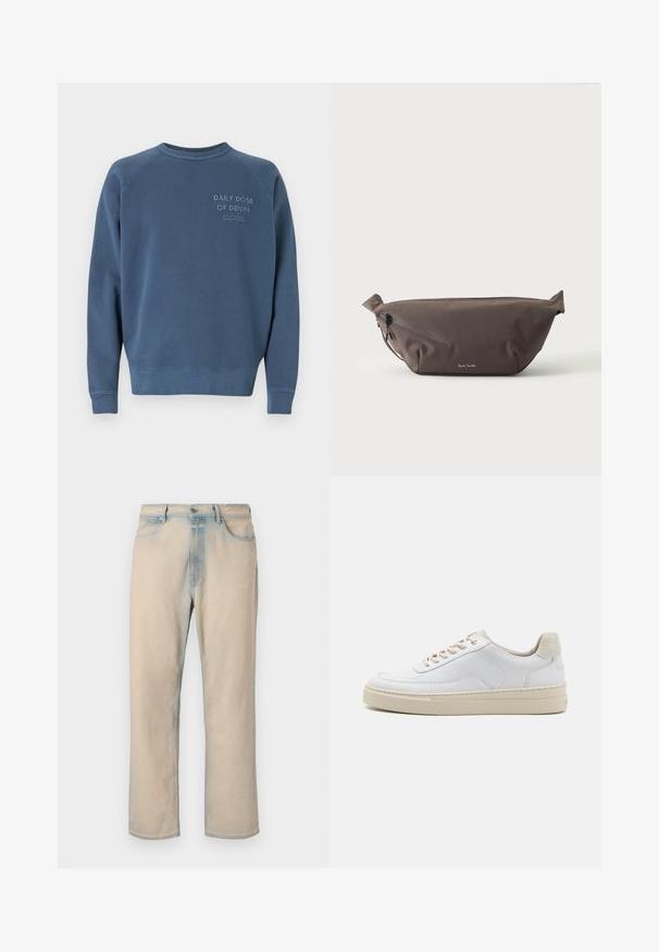 Blauwe crewneck sweatshirts gemaakt van een katoenmix. Heeft ribgebreide manchetten en een zoom, met geborduurde tekst op de borst. Eenvoudig ontwerp.; Licht beige denim jeans met een rechte pijpdesign, vervaagde blauwe accenten, vijf zakken en een knoopsluiting in de taille.; Witte sneaker met een gevoerd leren bovenwerk, beige veters en een gestructureerde beige suede hieltab. Verhoogde zool voor extra hoogte.; Donkerbruine stoffen heuptas met diagonale ritssluiting en klein wit logo aan de voorkant, tegen een effen lichte achtergrond.