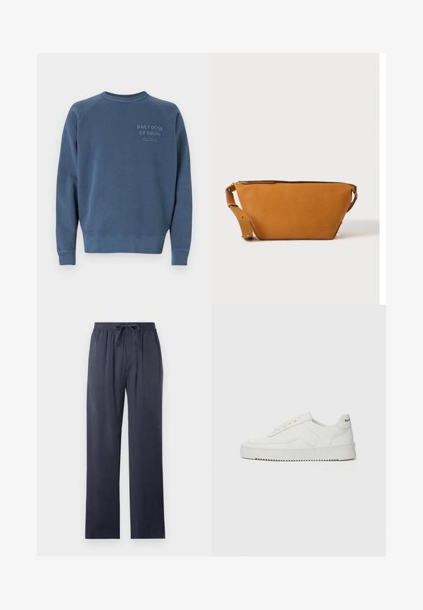 Blå crewneck sweatshirt lavet af en bomuldsblandingsstof. Har ribstrikkede manchetter og kant, med broderet tekst på brystet. Simpelt design.; Mørkeblå, løstsiddende bukser lavet af blødt stof med elastisk talje og justerbar snøre. Lige ben, ingen lommer.; Hvide lædersneakers med en glat overflade, rund tå, flade snørebånd og en tekstureret sål. Har et diskret logo på hælen.; Lys brun læder crossbody taske med justerbar rem og lynlås, vist mod en ensartet lys baggrund.