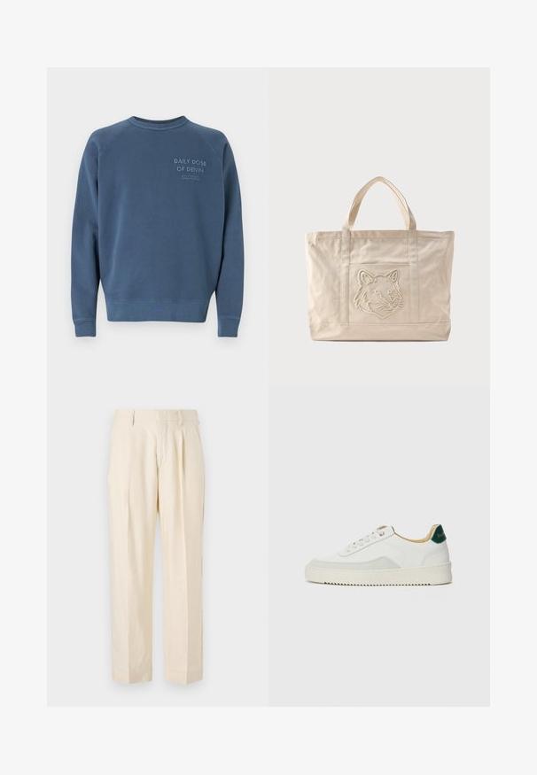 Blaues Rundhals-Sweatshirt aus Baumwollmischgewebe. Mit gerippten Ärmelbündchen und Saum, sowie gesticktem Text auf der Brust. Einfaches Design.; NN.07 KAY - Stoffhose - off white; Weiße Sneaker mit Wildlederelementen, runder Zehenpartie, flachen Schnürsenkeln und einer cremefarbenen Gummisohle. Mit grünen Markenlogo am Fersenbereich.; Beige Canvas-Tragetasche mit doppelten Griffen und einem geprägten Wolfskopfdesign auf der Fronttasche.