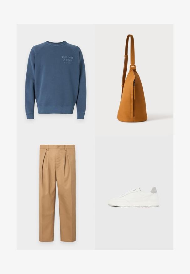 Blå crewneck sweatshirt lavet af en bomuldsblandingsstof. Har ribstrikkede manchetter og kant, med broderet tekst på brystet. Simpelt design.; Beige bomuldsbukser med afslappet pasform, plisseret design, talje med knaplukning og lige ben. Glat tekstur uden mønstre.; Hvid lavtop-sneaker med gråt hælflig, hvide snørebånd og tekstureret sål, vist på en ensfarvet lys baggrund.; Tan læder crossbodytaske med justerbar rem og lodret lynlåslomme, vist fra siden mod en ensfarvet lys baggrund.