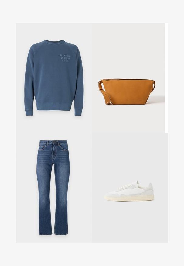 Blaues Rundhals-Sweatshirt aus Baumwollmischgewebe. Mit gerippten Ärmelbündchen und Saum, sowie gesticktem Text auf der Brust. Einfaches Design.; Blaue Denim-Jeans mit geradem Bein, ausgestattet mit Standardtaschen und einem gesteppten Bund, in einer mittleren Waschung und mit subtilen Wascheffekten.; Weißer Sneaker mit strukturiertem Obermaterial aus Wildleder und Leder. Verfügt über eine runde Zehenpartie, Schnürverschluss und eine kontrastierende beige Gummisohle.; Hellbraune Leder-Umhängetasche mit verstellbarem Schulterriemen und Reißverschluss, vor einem schlichten hellen Hintergrund gezeigt.