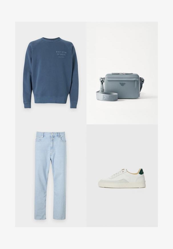 Blå crewneck sweatshirt lavet af en bomuldsblandingsstof. Har ribstrikkede manchetter og kant, med broderet tekst på brystet. Simpelt design.; Lysblå, lige-fit jeans lavet af denim, med knap- og lynlåsåbning, fem lommer og subtilt slid på stoffet.; Hvide sneakers med ruskindsdetaljer, rund tå, flade snørebånd og en cremet gummisål. Har grøn branding på hælen.; Blå struktureret crossover taske lavet af struktureret materiale, med lynlåslukning, forlommer og justerbar skulderrem med "EMPOR" branding.