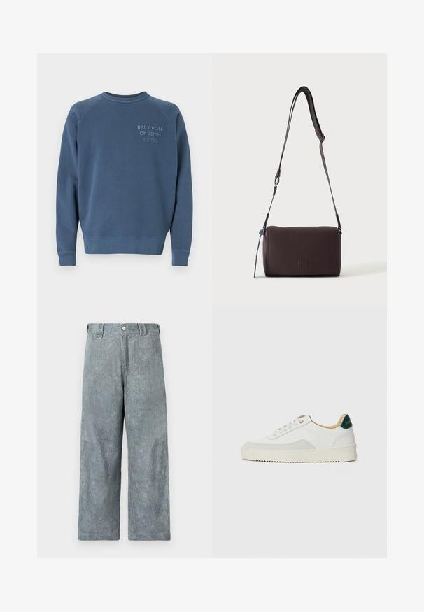 Blå crewneck sweatshirt lavet af en bomuldsblandingsstof. Har ribstrikkede manchetter og kant, med broderet tekst på brystet. Simpelt design.; Lys grå denim brede bukser med en tekstureret overflade, der har en knaplukning, bæltestropper og et let falmet udseende.; Hvide sneakers med ruskindsdetaljer, rund tå, flade snørebånd og en cremet gummisål. Har grøn branding på hælen.; Mørkebrun textured læder crossbody taske med justerbar rem og lille dekorativ blå accent på siden.