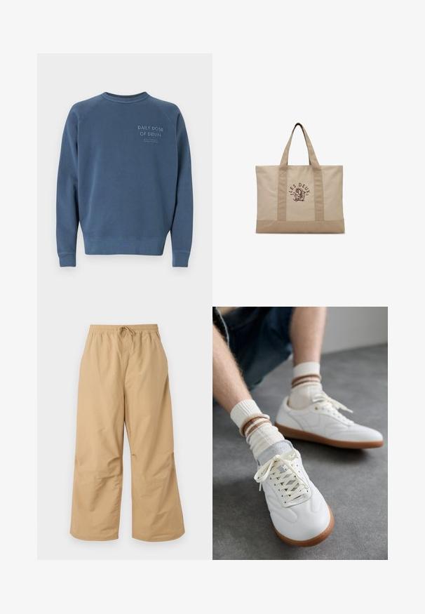Blaues Rundhals-Sweatshirt aus Baumwollmischgewebe. Mit gerippten Ärmelbündchen und Saum, sowie gesticktem Text auf der Brust. Einfaches Design.; Beige weite Hosen aus leichtem Stoff, mit einem elastischen Bund und einer Kordel sowie genähten Akzenten in der Nähe des Saums.; Weiße Ledersneaker mit glatter Textur, grauen Wildlederelementen, beigen Gummisohlen und flachen Schnürsenkeln. Kombiniert mit cremefarbenen und braun gestreiften Socken.; Beige Canvas-Tragetasche mit zwei Griffen und dem Text „"LES DEUX"“ sowie Logo in Dunkelbraun, gedruckt mittig vorne.