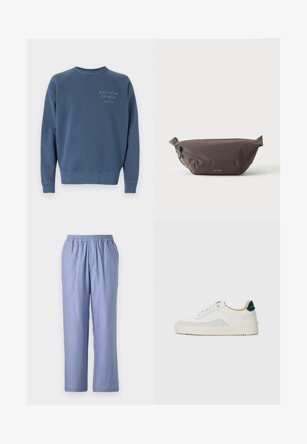 Blauwe crewneck sweatshirts gemaakt van een katoenmix. Heeft ribgebreide manchetten en een zoom, met geborduurde tekst op de borst. Eenvoudig ontwerp.; Lichtblauwe, loszittende broek met een elastische tailleband, twee zijzakken en rechte pijpen. Gemaakt van zachte stof met een gladde textuur.; Witte sneaker met suède accenten, ronde neus, platte veters en een crème rubberen zool. Bevat groene branding op de hiel.; Donkerbruine stoffen heuptas met diagonale ritssluiting en klein wit logo aan de voorkant, tegen een effen lichte achtergrond.