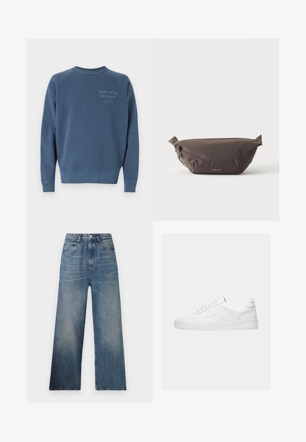 Blaues Rundhals-Sweatshirt aus Baumwollmischgewebe. Mit gerippten Ärmelbündchen und Saum, sowie gesticktem Text auf der Brust. Einfaches Design.; Blaue Denim-Hosen mit weitem Bein und hohem Bund, mit subtilen Verfärbungen, fünf Taschen und einem Metallknopfverschluss vorne.; Weißer Sneaker mit niedrigem Schaft, Schnürdesign, glattem Lederobermaterial und dicker Sohle, von der Seite auf einfachem Hintergrund gezeigt.; Dunkelbraune Stoff-Gürteltasche mit diagonalem Reißverschlussfach und kleinem weißen Logo vorne, vor einem einfarbigen hellen Hintergrund.