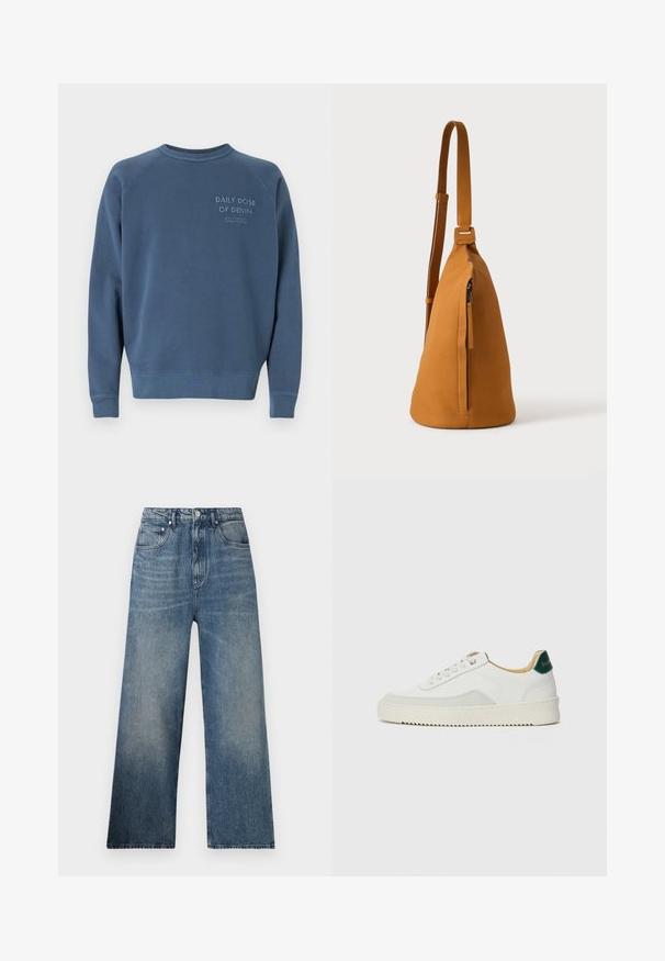 Blaues Rundhals-Sweatshirt aus Baumwollmischgewebe. Mit gerippten Ärmelbündchen und Saum, sowie gesticktem Text auf der Brust. Einfaches Design.; Blaue Denim-Hosen mit weitem Bein und hohem Bund, mit subtilen Verfärbungen, fünf Taschen und einem Metallknopfverschluss vorne.; Weiße Sneaker mit Wildlederelementen, runder Zehenpartie, flachen Schnürsenkeln und einer cremefarbenen Gummisohle. Mit grünen Markenlogo am Fersenbereich.; Hellbraune Leder-Umhängetasche mit verstellbarem Trageriemen und vertikaler Reißverschlusstasche, von der Seite vor hellem, einfarbigem Hintergrund gezeigt.