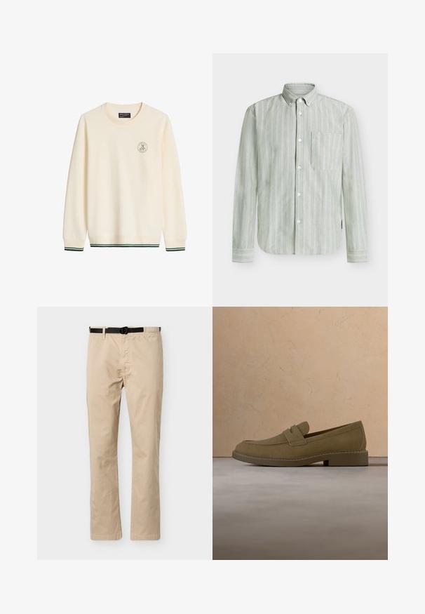 Sweat-shirt crème à col rond avec manches longues, petit logo rond sur la poitrine gauche et bandes vertes aux poignets et à l'ourlet.; Chemise boutonnée verte rayée en tissu léger, dotée d'une poche poitrine unique et de rayures blanches verticales avec des poignets à boutons.; Pantalon beige à jambes droites avec ceinture noire ajustable, taille élastique d'un côté et couture décorative à l'avant.; Mocassin en daim marron flottant au-dessus d'un tapis beige texturé dans un salon avec une table basse en bois et des livres empilés.