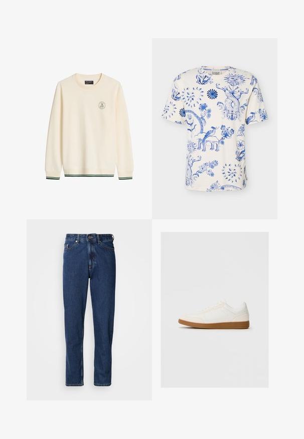 Sweat-shirt crème à col rond avec manches longues, petit logo rond sur la poitrine gauche et bandes vertes aux poignets et à l'ourlet.; T-shirt blanc à manches courtes avec des motifs artistiques bleus comprenant des visages de soleil, des oiseaux, des fleurs, des cœurs et des motifs ornés.; Jean bleu foncé en denim, avec une coupe droite, style cinq poches et des coutures apparentes le long des coutures.; Baskets blanches avec un capuchon en daim, un dessus en synthétique lisse et une semelle en caoutchouc marron. Présente des perforations sur les côtés pour une meilleure respirabilité.