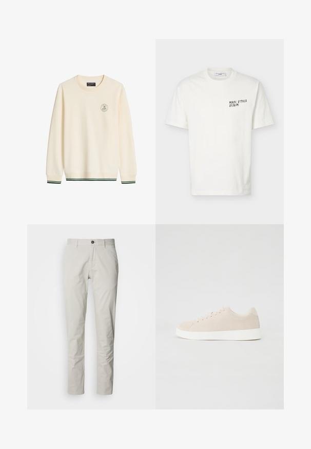 Sweat-shirt crème à col rond avec manches longues, petit logo rond sur la poitrine gauche et bandes vertes aux poignets et à l'ourlet.; T-shirt blanc à manches courtes et col rond avec le logo "Marc O’Polo Denim" imprimé en noir sur le côté gauche de la poitrine.; Chinos beige clair avec une coupe droite, dotés d'une fermeture à boutons, d'un pli unique et d'une texture en coton lisse.; Baskets en daim beige avec semelles en caoutchouc blanc, bout rond et six œillets pour les lacets. Texture lisse avec un design minimaliste.