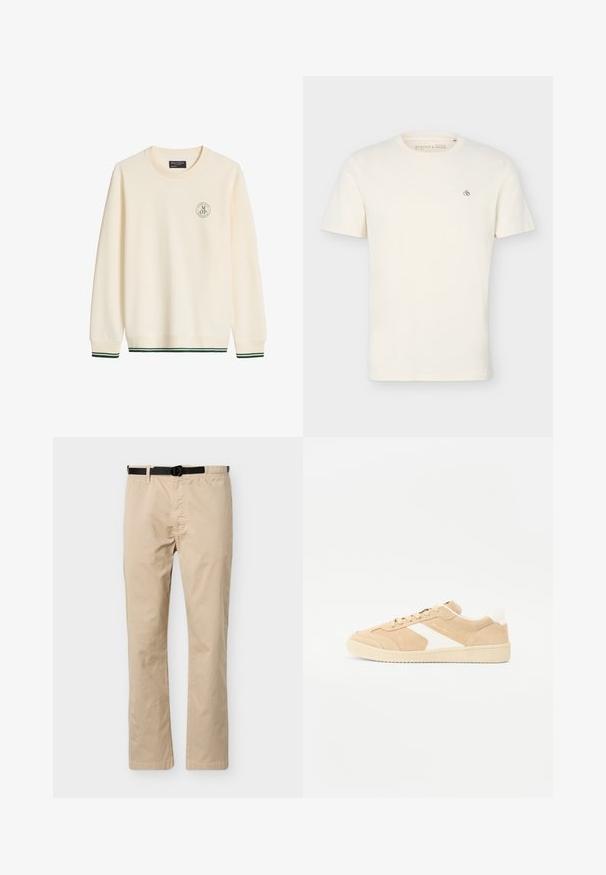 Sweat-shirt crème à col rond avec manches longues, petit logo rond sur la poitrine gauche et bandes vertes aux poignets et à l'ourlet.; T-shirt uni écru à manches courtes avec col rond, avec un petit logo "Scotch & Soda" sur le haut gauche de la poitrine.; Pantalon beige à jambes droites avec ceinture noire ajustable, taille élastique d'un côté et couture décorative à l'avant.; Baskets en suède beige avec des accents blancs, bout rond et fermeture à lacets. Tige texturée et semelle en caoutchouc avec un branding discret.