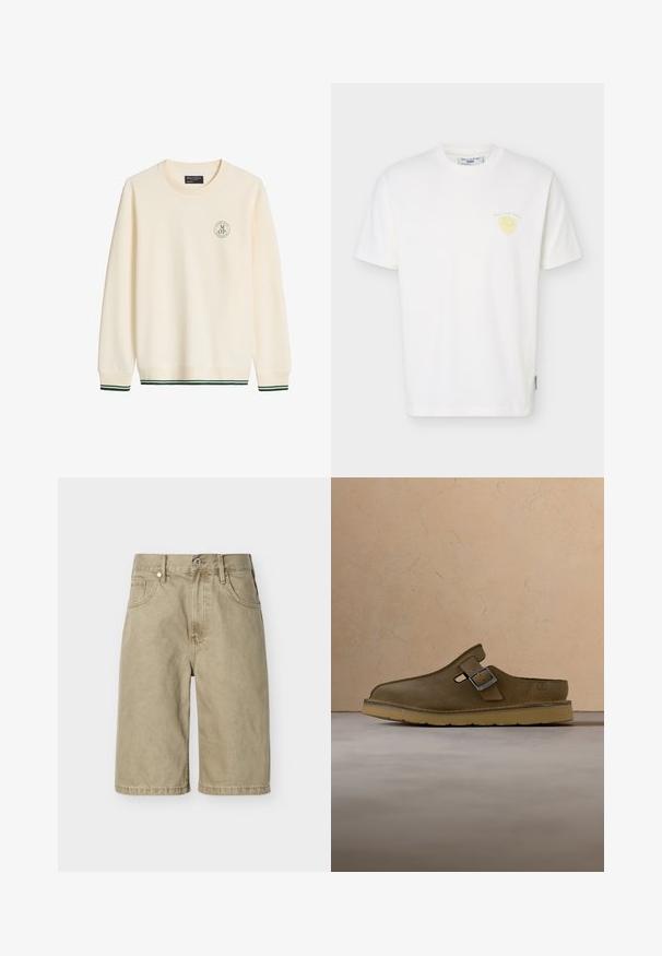 Sweat-shirt crème à col rond avec manches longues, petit logo rond sur la poitrine gauche et bandes vertes aux poignets et à l'ourlet.; T-shirt blanc à manches courtes avec col rond, petit motif de fruit jaune et texte "Marc O’Polo Denim" sur le côté gauche de la poitrine.; Shorts en denim beige longueur genou avec bouton avant, fermeture éclair, passants pour ceinture et poches sur un fond gris clair uni.; Chaussure en daim vert olive à enfiler avec une boucle métallique et une semelle épaisse couleur fauve, positionnée sur un tapis beige près d'une table ronde en bois.