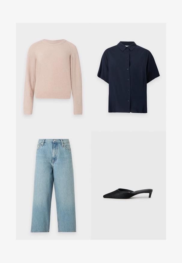 Suéter rosa claro hecho de material suave, con cuello redondo, mangas largas y puños y dobladillo acanalados. Diseño simple y sin adornos.; Camisa azul marino de manga corta con botones y cuello clásico, mostrada sobre un fondo blanco.; Vaqueros de pierna ancha de talle alto en azul claro, con bolsillos delanteros, trabillas para cinturón y cierre de botón metálico.; Mules de ante negro con puntera afilada y tacón bajo. Presentan una textura suave y una parte trasera abierta para facilitar su uso. Diseño sencillo sin patrones.
